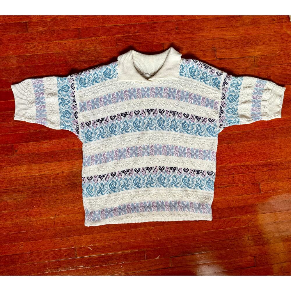 Vintage 70's Season Ticket White Blue Short Sleeve Scallop Knit Sweater Top Med
